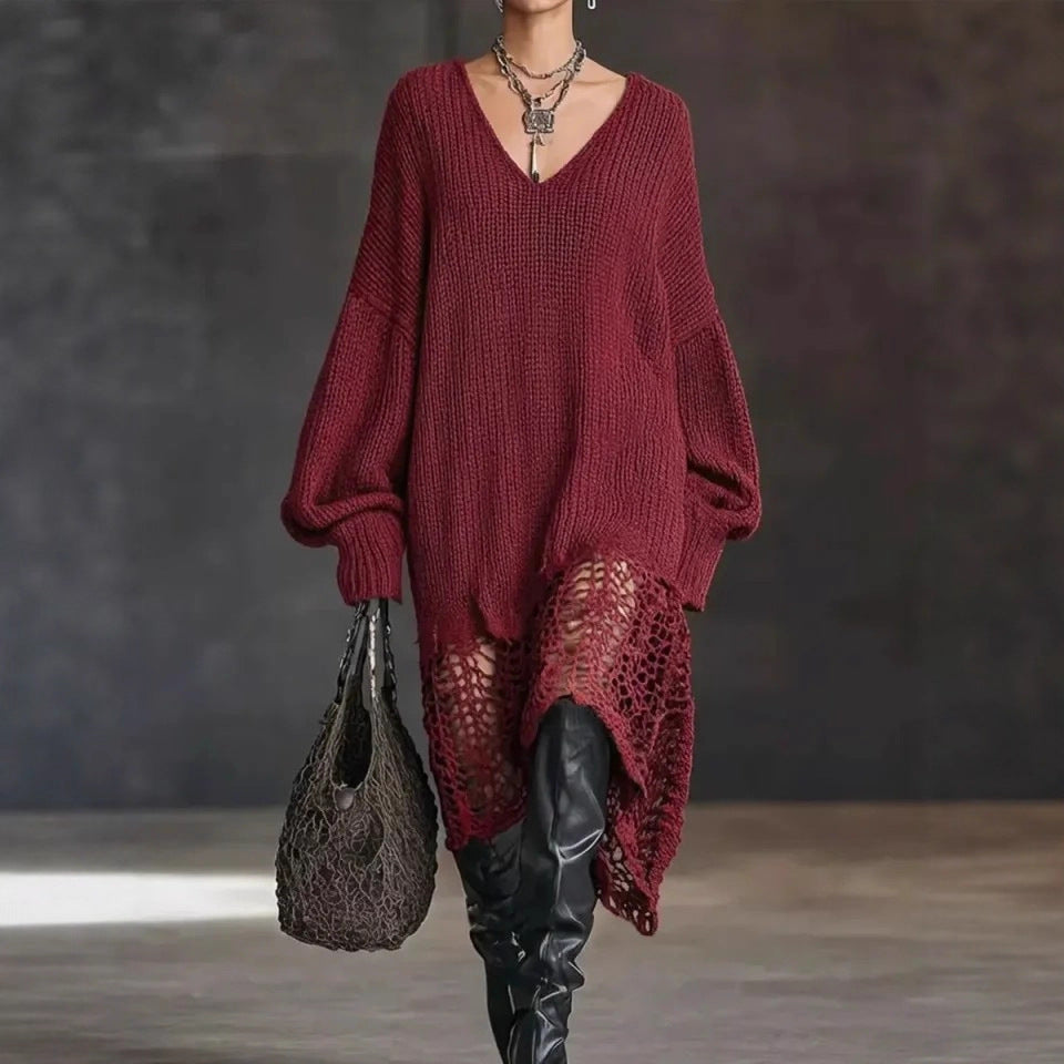 Oversized V-Neck Knit Sweater Dress Distressed Hem