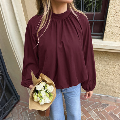 Women Mock Neck Tie Back Bubble Hem Long Sleeve Blouse