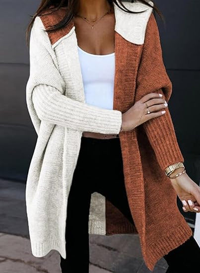 Oversized Hooded Color Block Open Front Long Cardigan