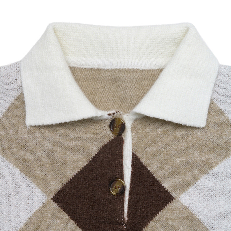 Argyle Polo Sweater Button Placket Relaxed Fit