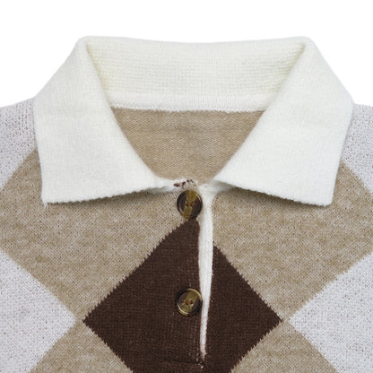 Argyle Polo Sweater Button Placket Relaxed Fit