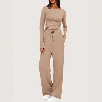 Women's Ruched Long Sleeve Top Wide Leg Pants Lounge Set