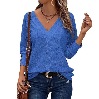 Eyelet V Neck Long Sleeve Loose Fit Casual Blouse