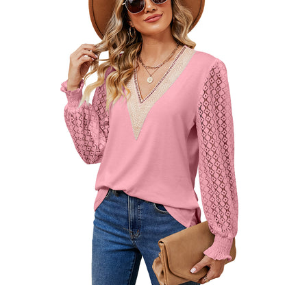 V-Neck Lace Long Sleeve Loose Fit Tunic Top
