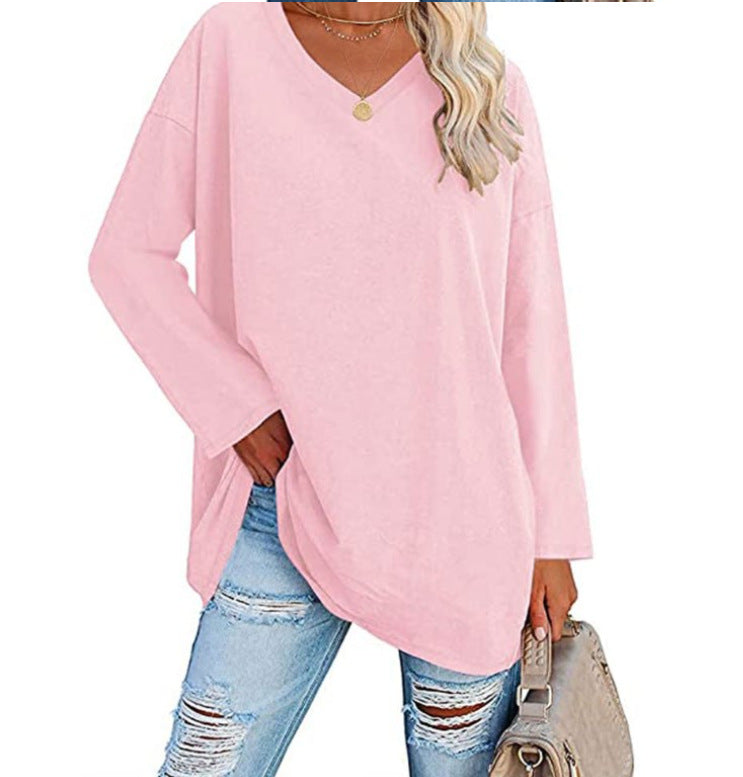 Women's Oversized V-Neck Long Sleeve Loose Fit T-Shirt