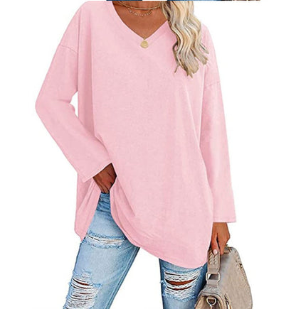 Women's Oversized V-Neck Long Sleeve Loose Fit T-Shirt