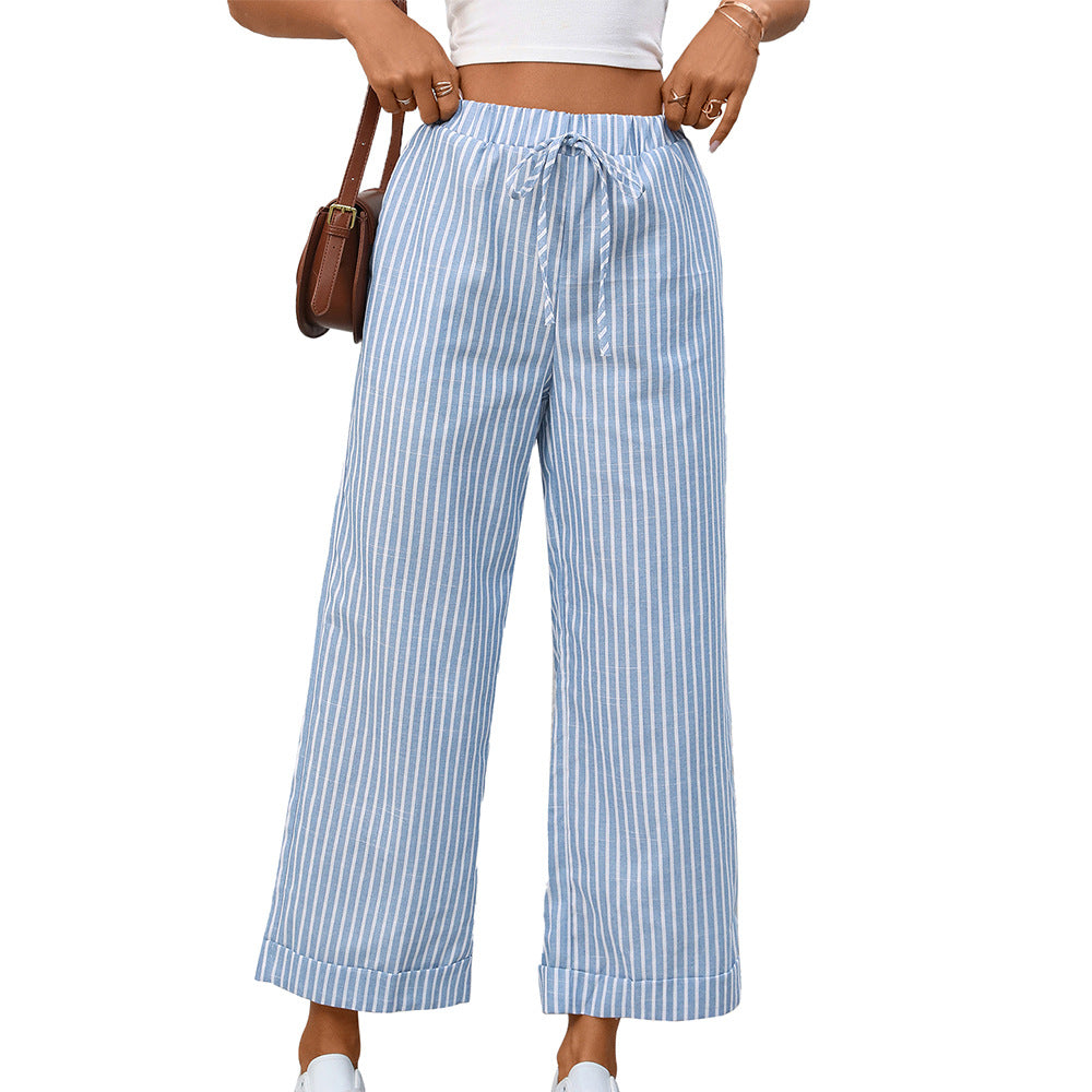 Striped High Waist Drawstring Wide Leg Summer Pants