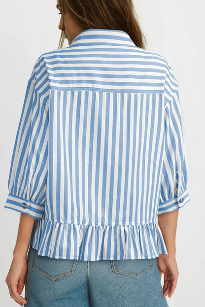 Striped Button Down Ruffle Hem 3/4 Sleeve Blouse