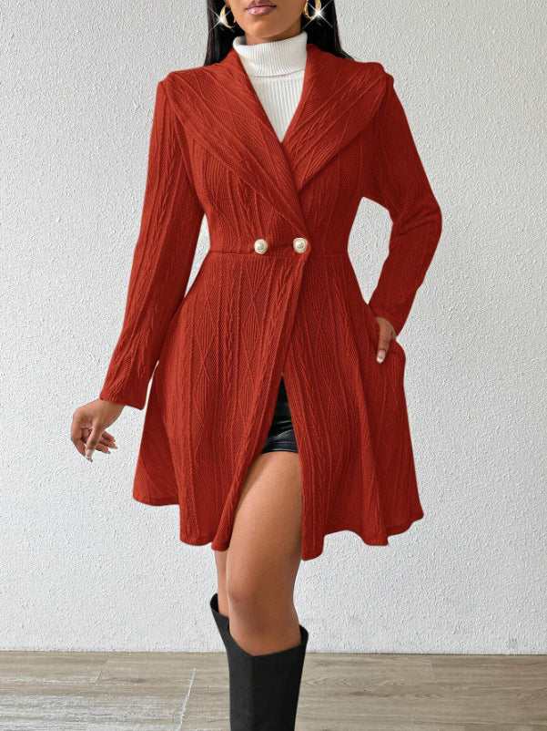 Women's Fitted Flared Textured Lapel Midi Coat