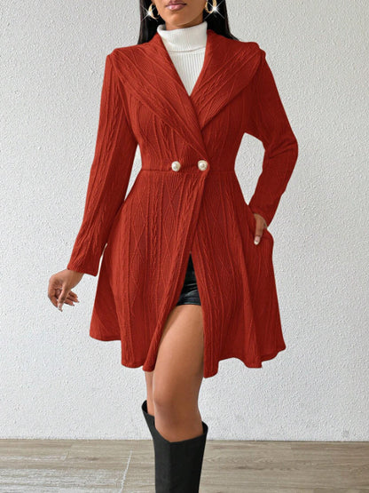 Women's Fitted Flared Textured Lapel Midi Coat