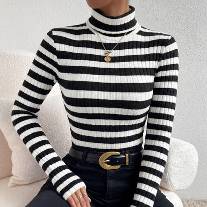 Women's Ribbed Striped Turtleneck Sweater Fitted Long Sleeve