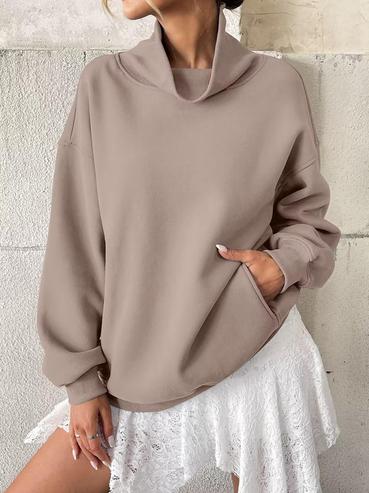 Fleece Mock Neck Oversized Sweatshirt Casual Pullover