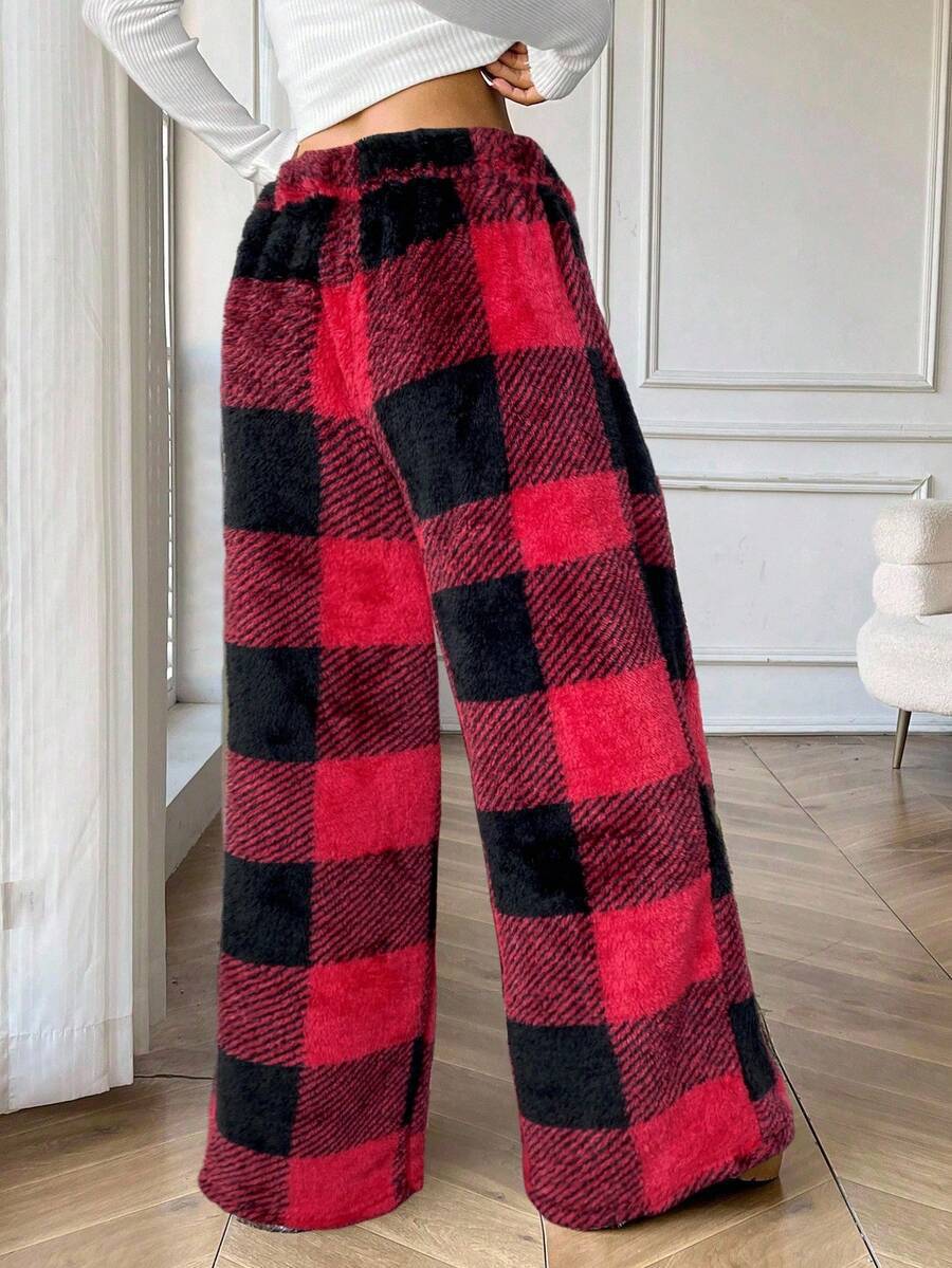 Women's Fuzzy Plaid Wide Leg Pants Drawstring Elastic Waist
