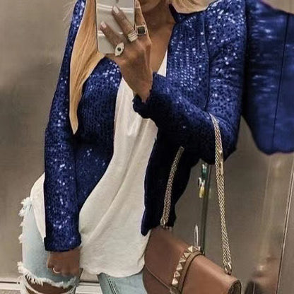 Women's Sequin Zip Up Cropped Jacket Stand Collar