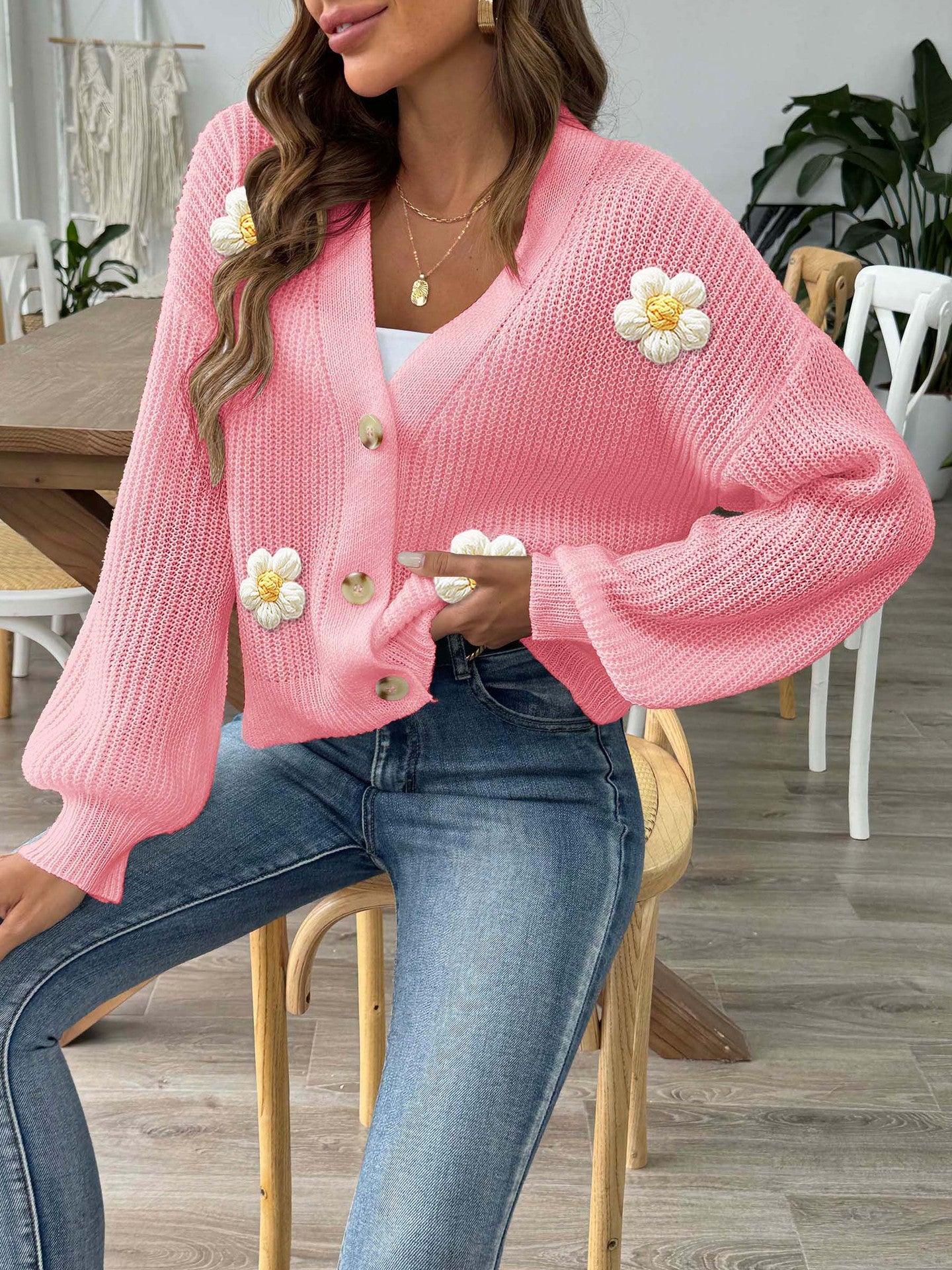 Floral Button-Up Cardigan | Cozy Crochet Trim Sweater