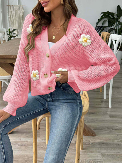 Floral Button-Up Cardigan | Cozy Crochet Trim Sweater