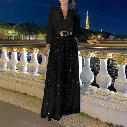 Women Sequin Jumpsuit V Neck Wide Leg Long Sleeve Belted