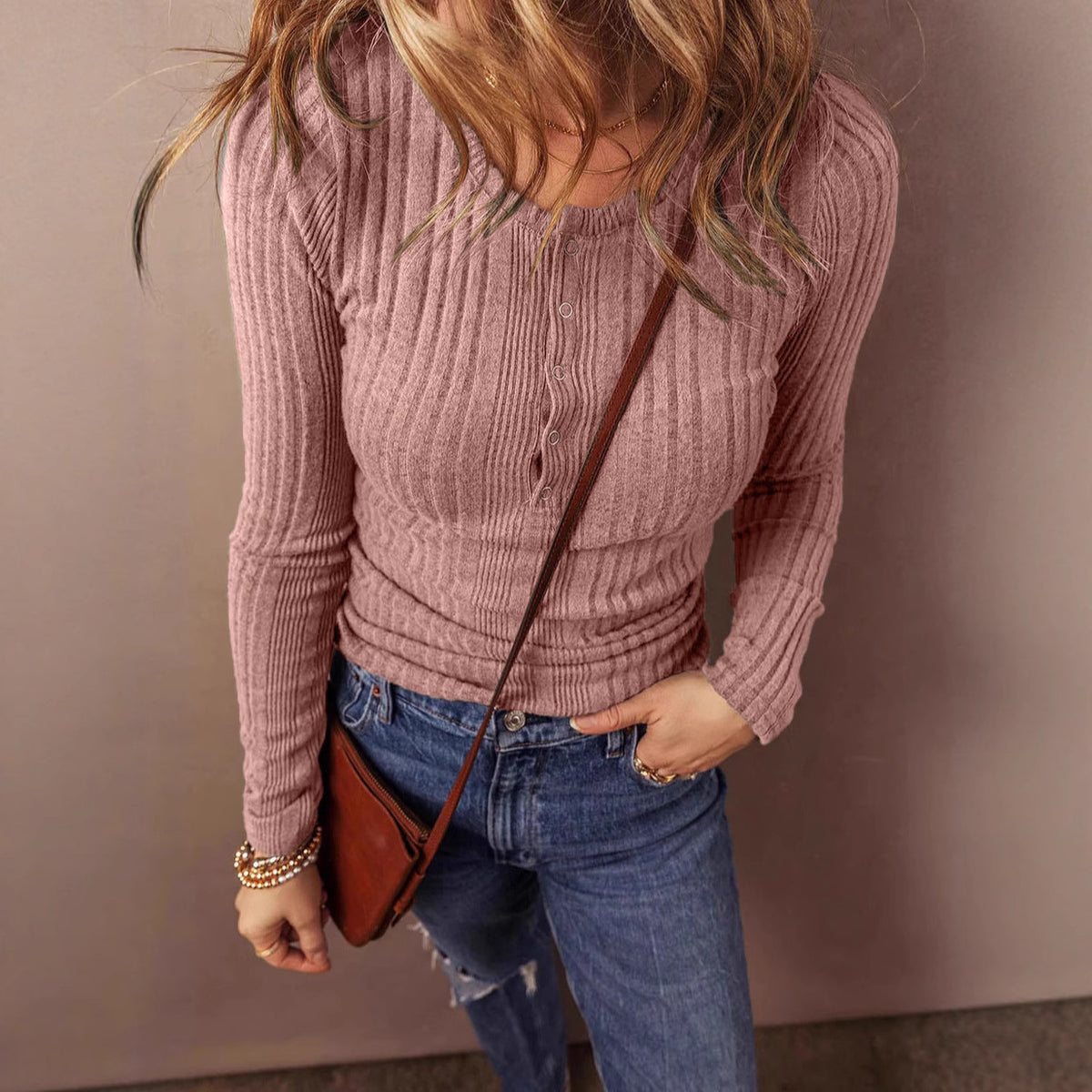Women's Elegant Ribbed Knit Button Front Long Sleeve Top