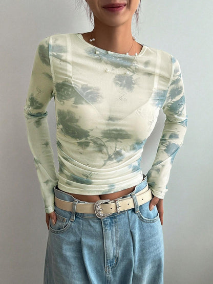 Floral Mesh Ruched Long Sleeve Crop Top
