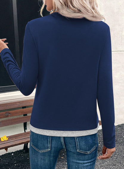 Color block layered look top split neck long sleeve