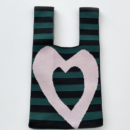 Heart Motif Woman's Knitted Tote Bag Knit Waist Bag