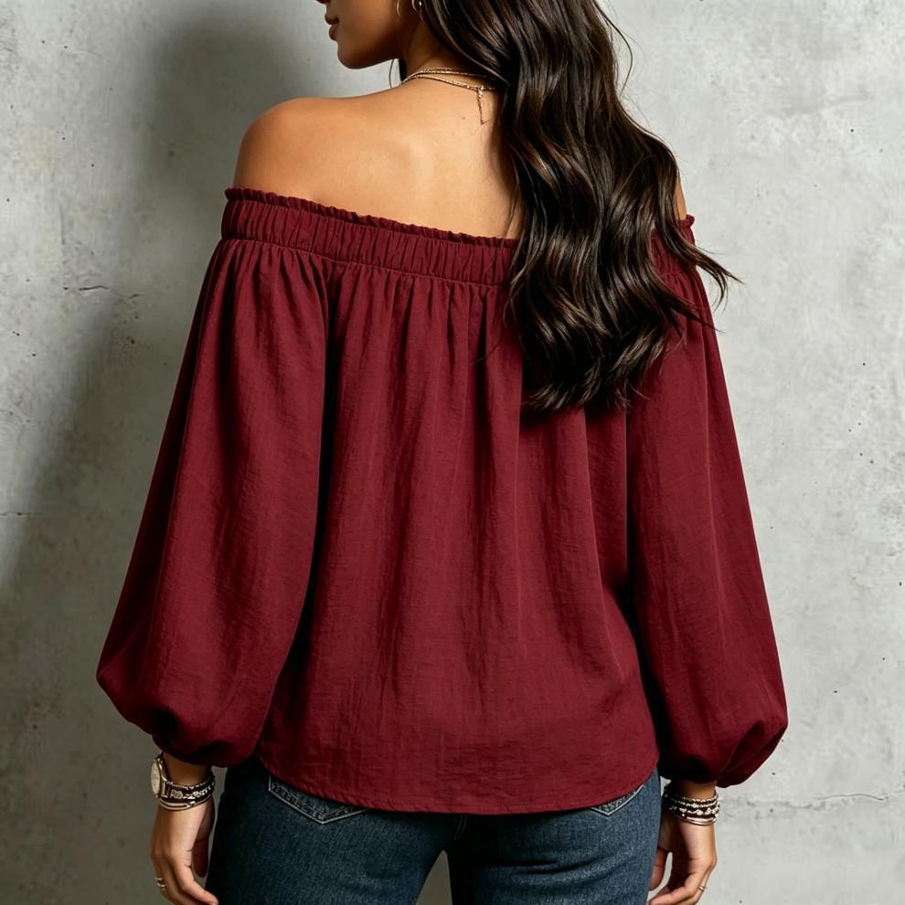 Off Shoulder Bubble Sleeve Cotton Blouse