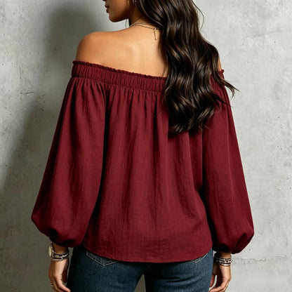 Off Shoulder Bubble Sleeve Cotton Blouse