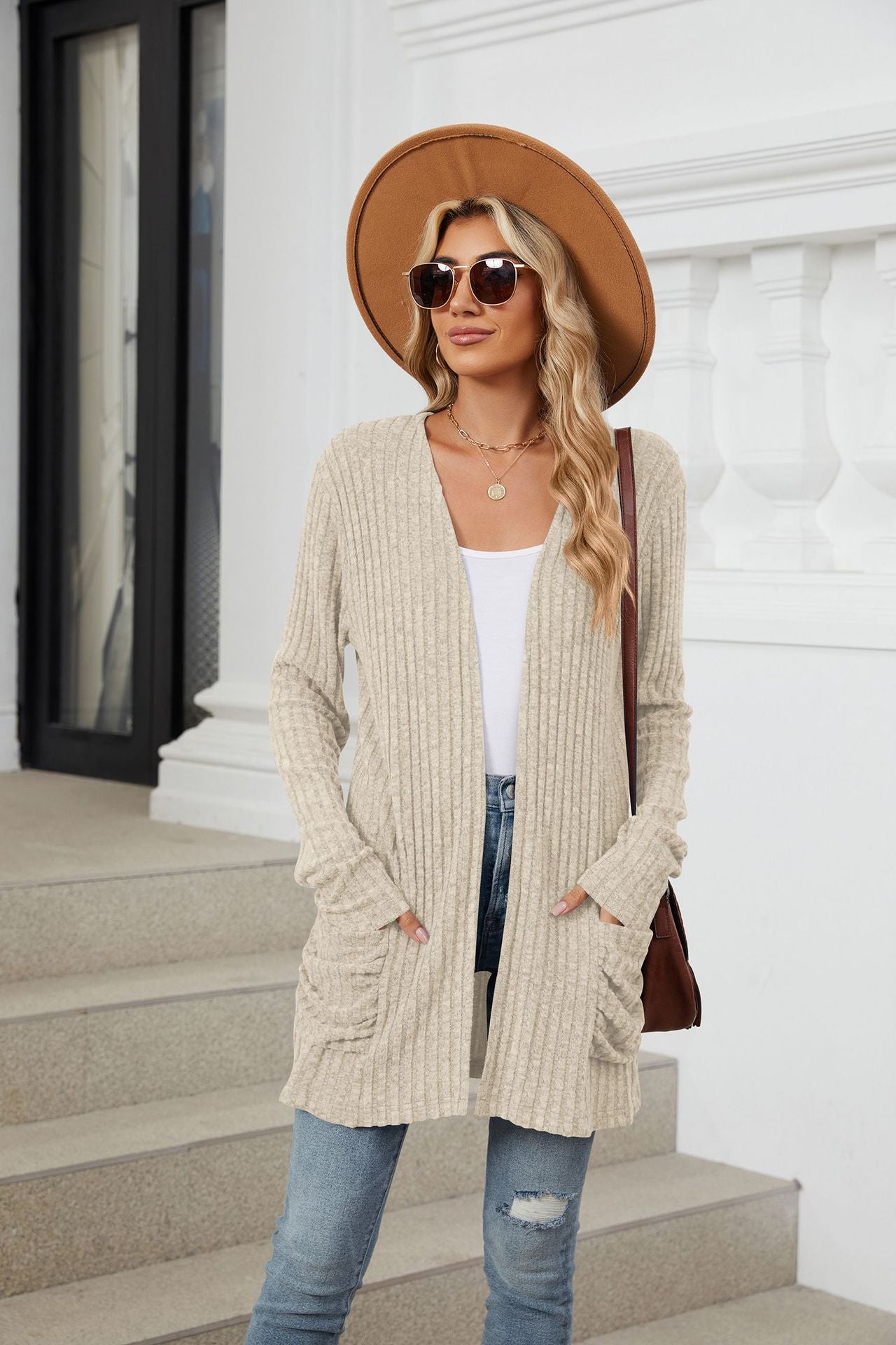 Simple Pocketed Long Sleeve Cardigan Knit Top