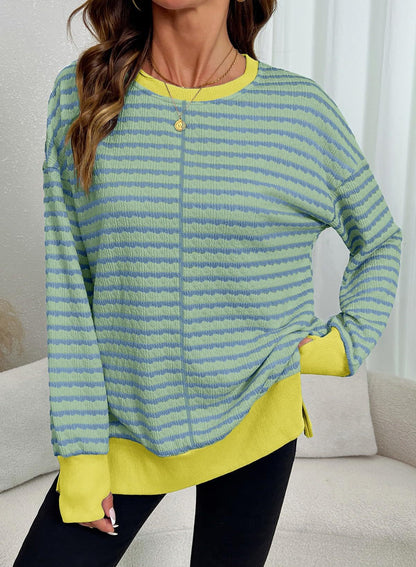 Women's Oversized Striped Crewneck Sweatshirt Side Slit