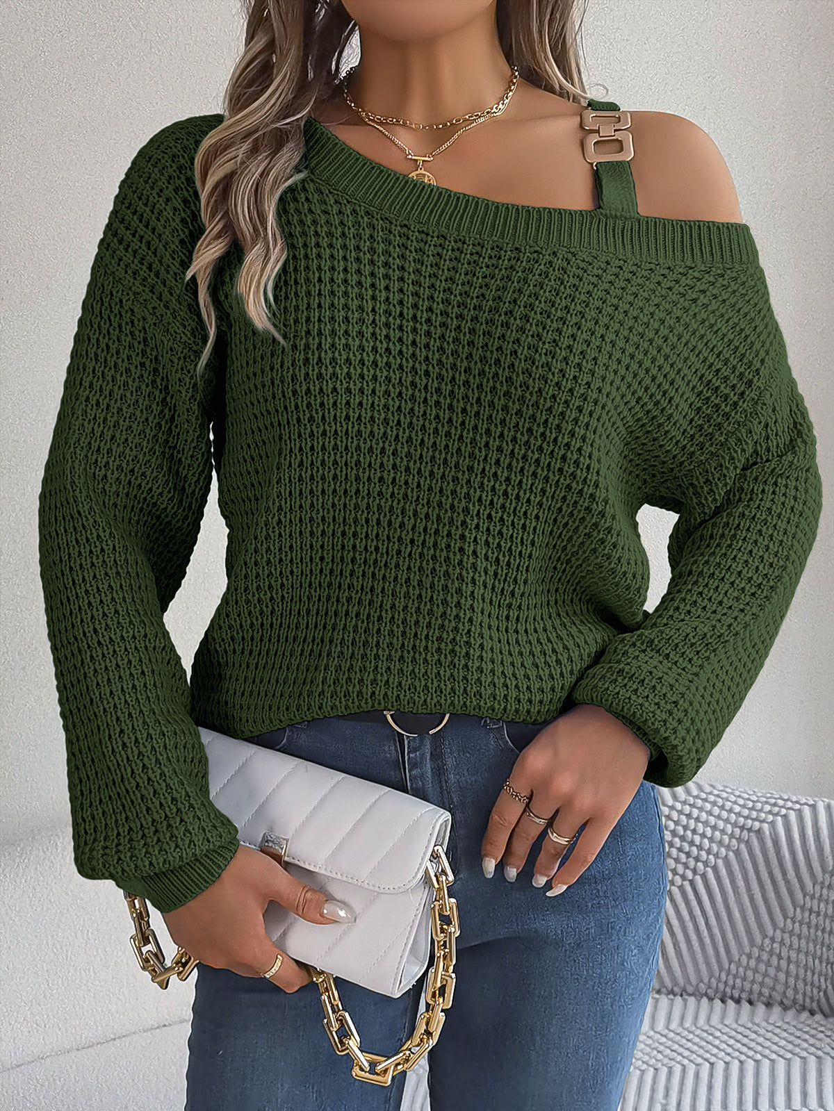Women's Off Shoulder Buckle Balloon Sleeve Knit Sweater