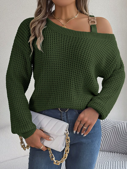 Women's Off Shoulder Buckle Balloon Sleeve Knit Sweater