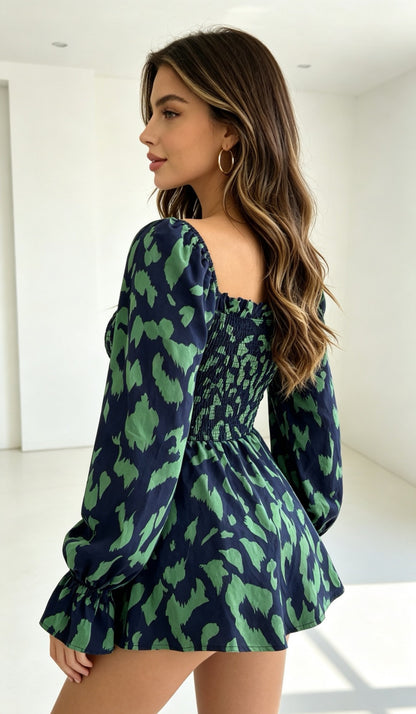 Square Neck Smocked Leopard Blouse Puff Long Sleeve