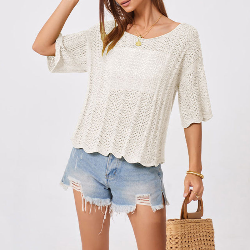 Crochet Knit Sweater Top Loose Hollow Out Short Sleeve Pullover