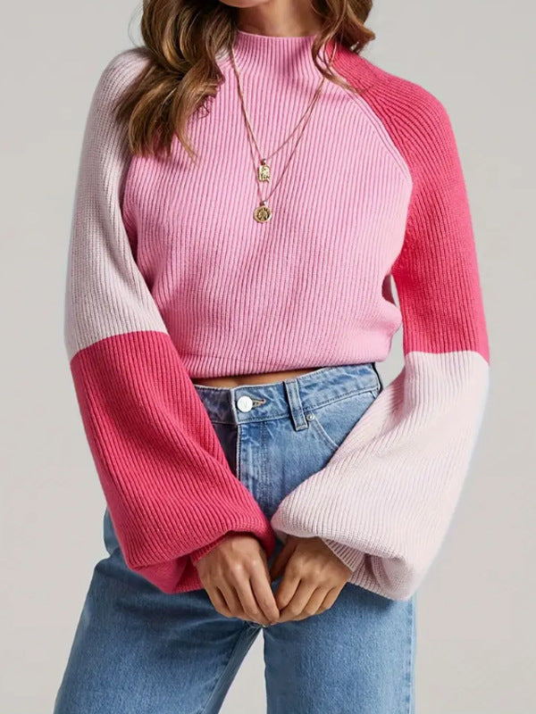 Women's Color Block Mock Neck Ribbed Pullover Sweater
