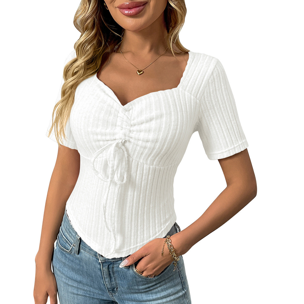 Pleated Drawstring Sexy Short-Sleeve Top