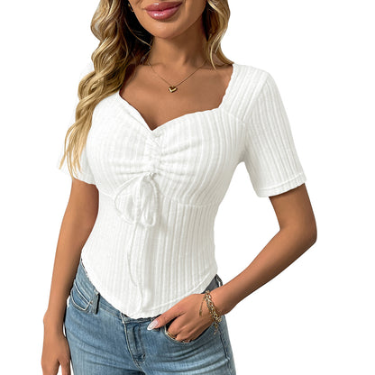 Pleated Drawstring Sexy Short-Sleeve Top
