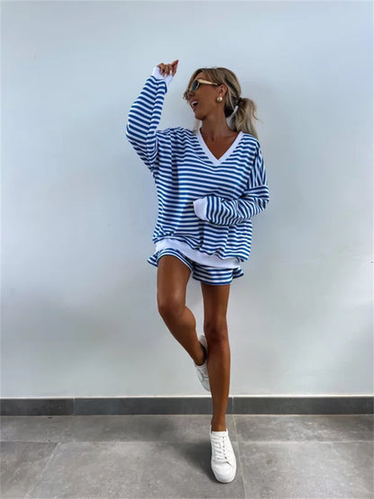 Striped V Neck Shorts Set Resort Lounge Two Piece