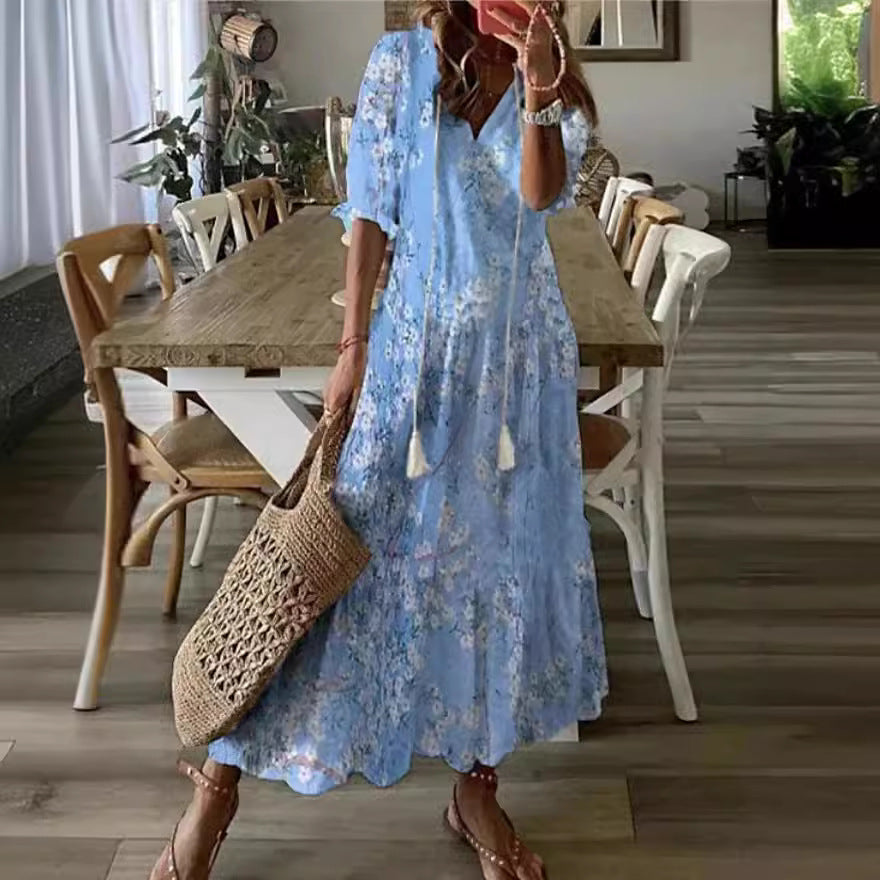 Women's Boho Floral V-Neck Tassel Maxi Dress Flowy