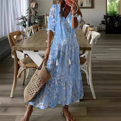 Women's Boho Floral V-Neck Tassel Maxi Dress Flowy
