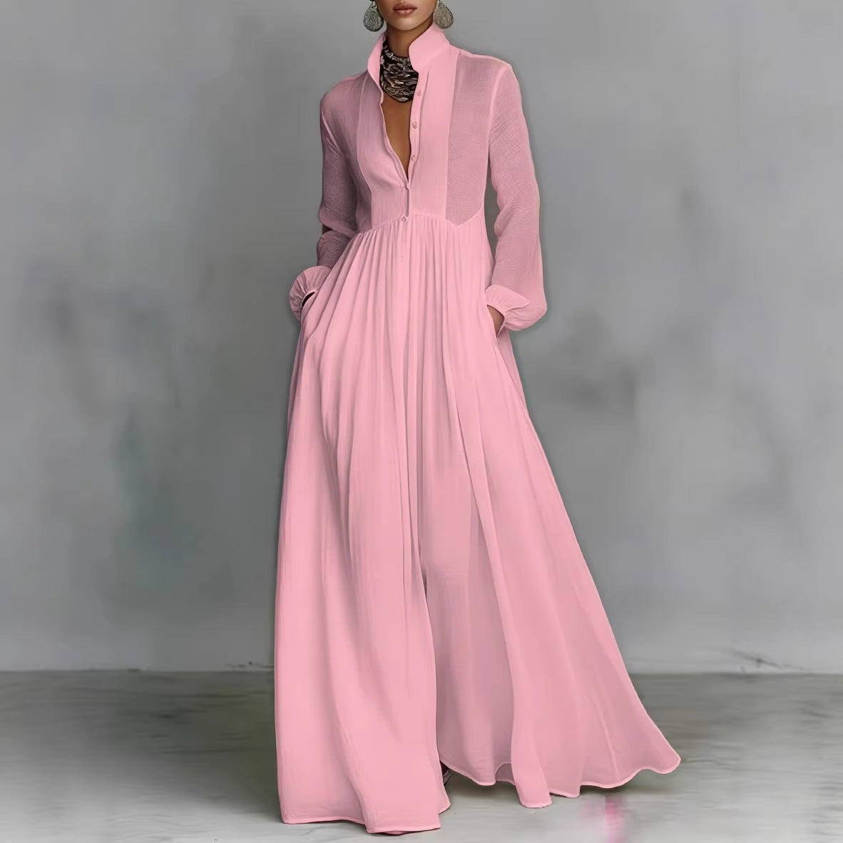 Women’s Elegant Button Down Maxi Dress Long Sleeve Flowy