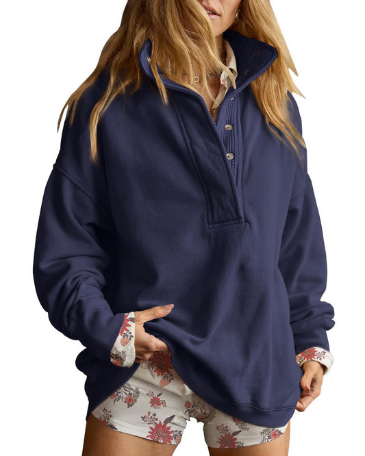 Half Snap Pullover Sweatshirt Oversized Long Sleeve