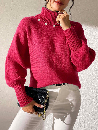 Women's Bottoming Shirt Solid Color Simple Beaded Turtleneck Sweater