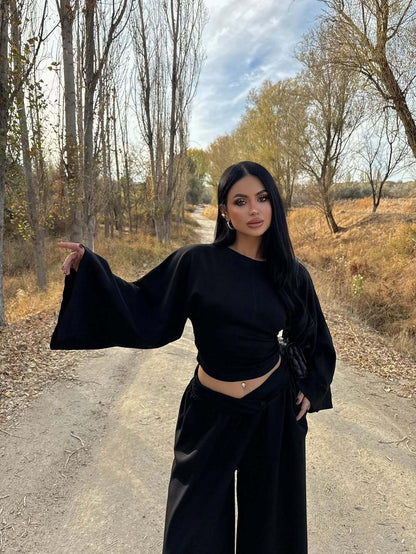 Satin Two Piece Set Ruched Top Wide Leg Pants