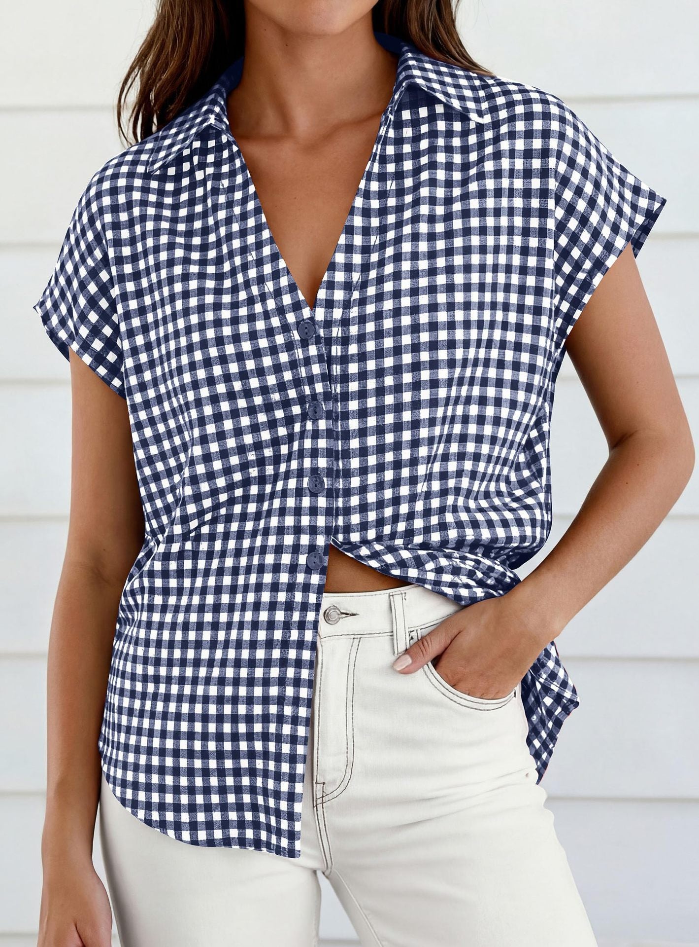 Gingham Button Down Short Sleeve Loose Fit Blouse