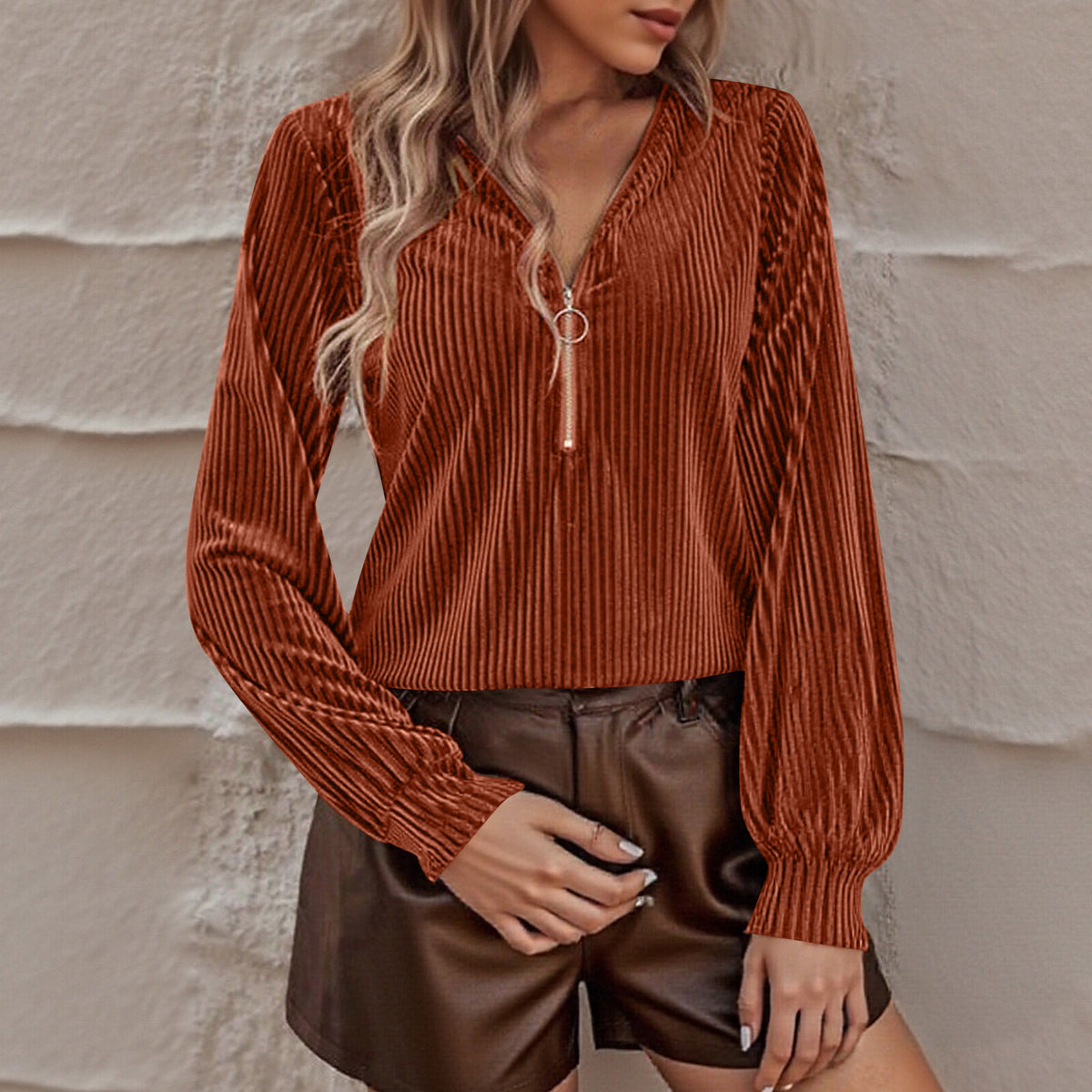 Women's Ribbed Velvet Half Zip V Neck Long Sleeve Top