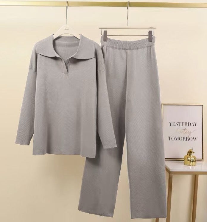 Women's Two Piece Knit Polo Sweater Wide Leg Pants Set