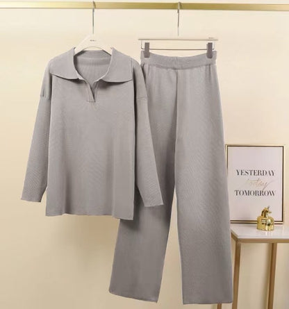 Women's Two Piece Knit Polo Sweater Wide Leg Pants Set