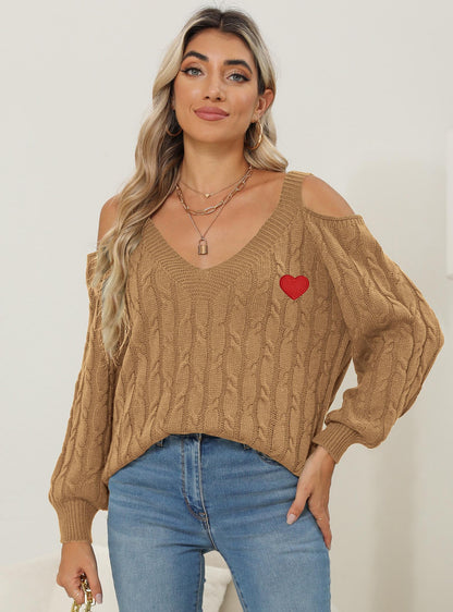 Women's Deep V Sexy Off-the-shoulder Love Pattern Bottoming Shirt