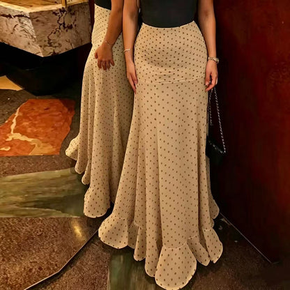 Women's Polka Dot High Waist Chiffon Maxi Skirt Ruffle Hem