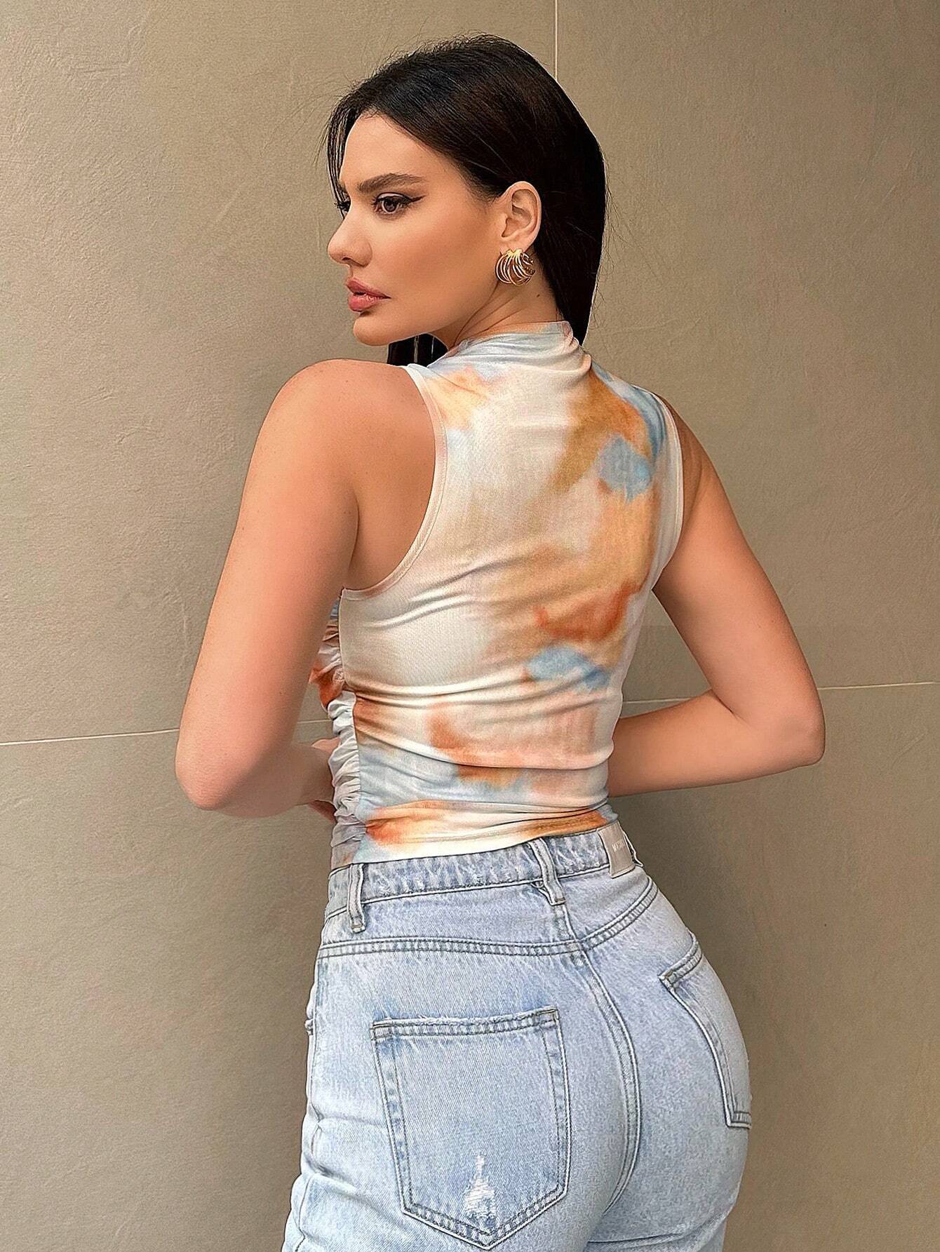 Tie Dye Mesh High Neck Sleeveless Tank Top